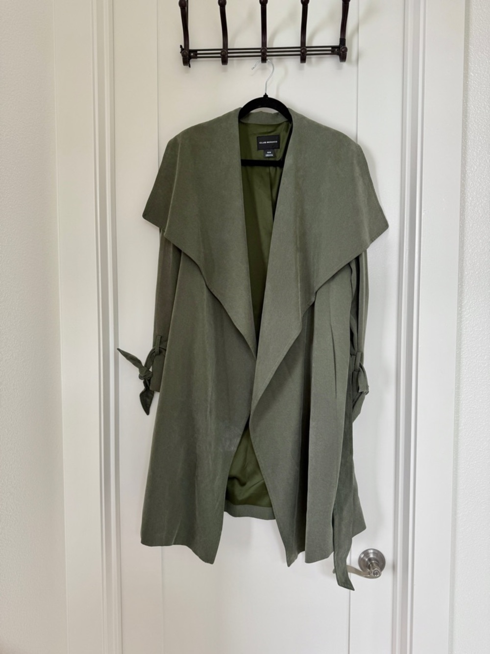 Club Monaco Olive Waterfall Trench Coat with Tie Sleeves - Picture 3 of 8